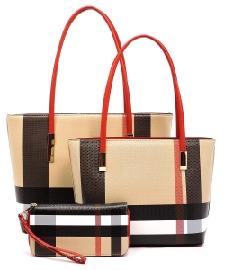 Smooth Textured Modern Check 3 in 1 Fashion Tote Set BT2669 RED